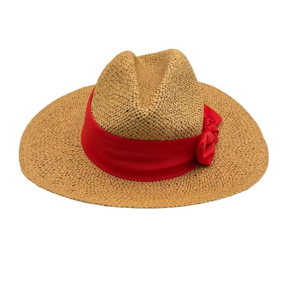 LOFT S/M Fedora Straw Hat 3" Brim Red Ribbon Bow - Picture 2 of 8